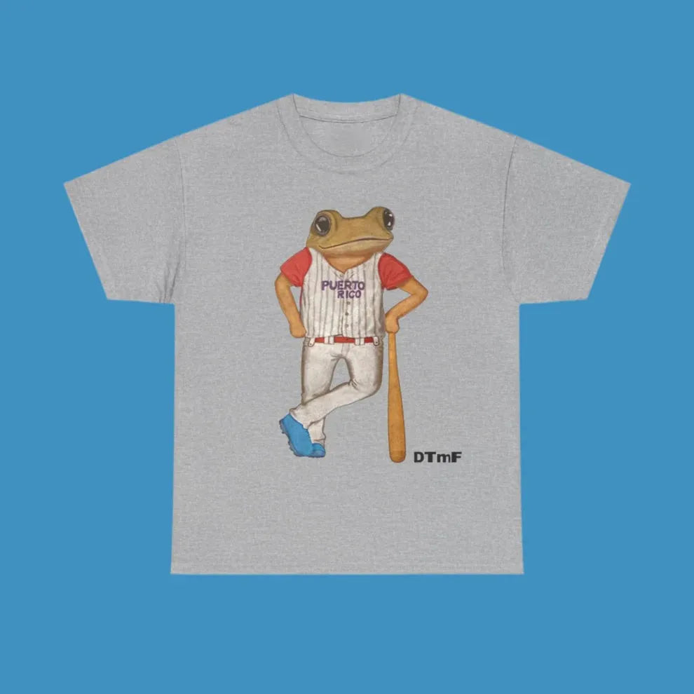 Gray heathered cotton t-shirt with cartoon frog in puerto rico baseball uniform featuring casual loose oversized fit and printing process