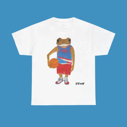 White cotton crew neck t-shirt with casual loose oversized fit featuring singer print pattern of frog in basketball gear