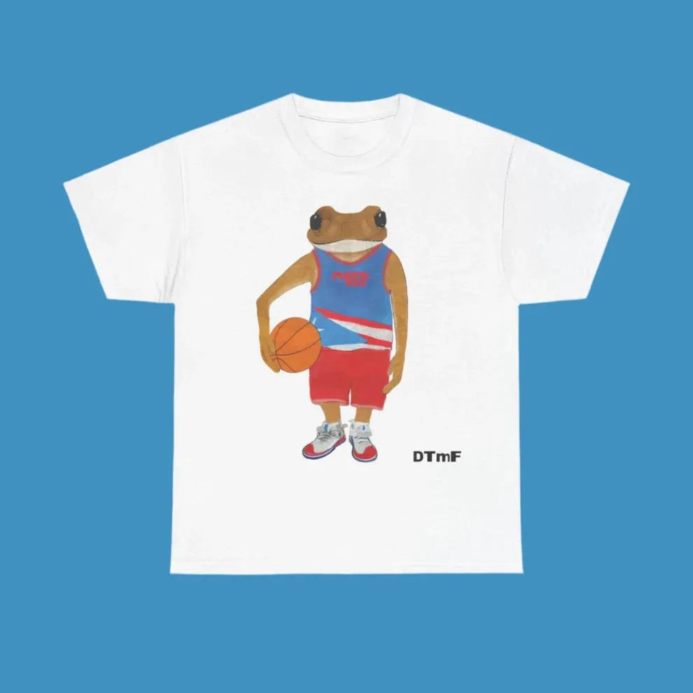 White cotton crew neck t-shirt with hip-hop singer print and cartoon frog in basketball gear for street casual loose fit