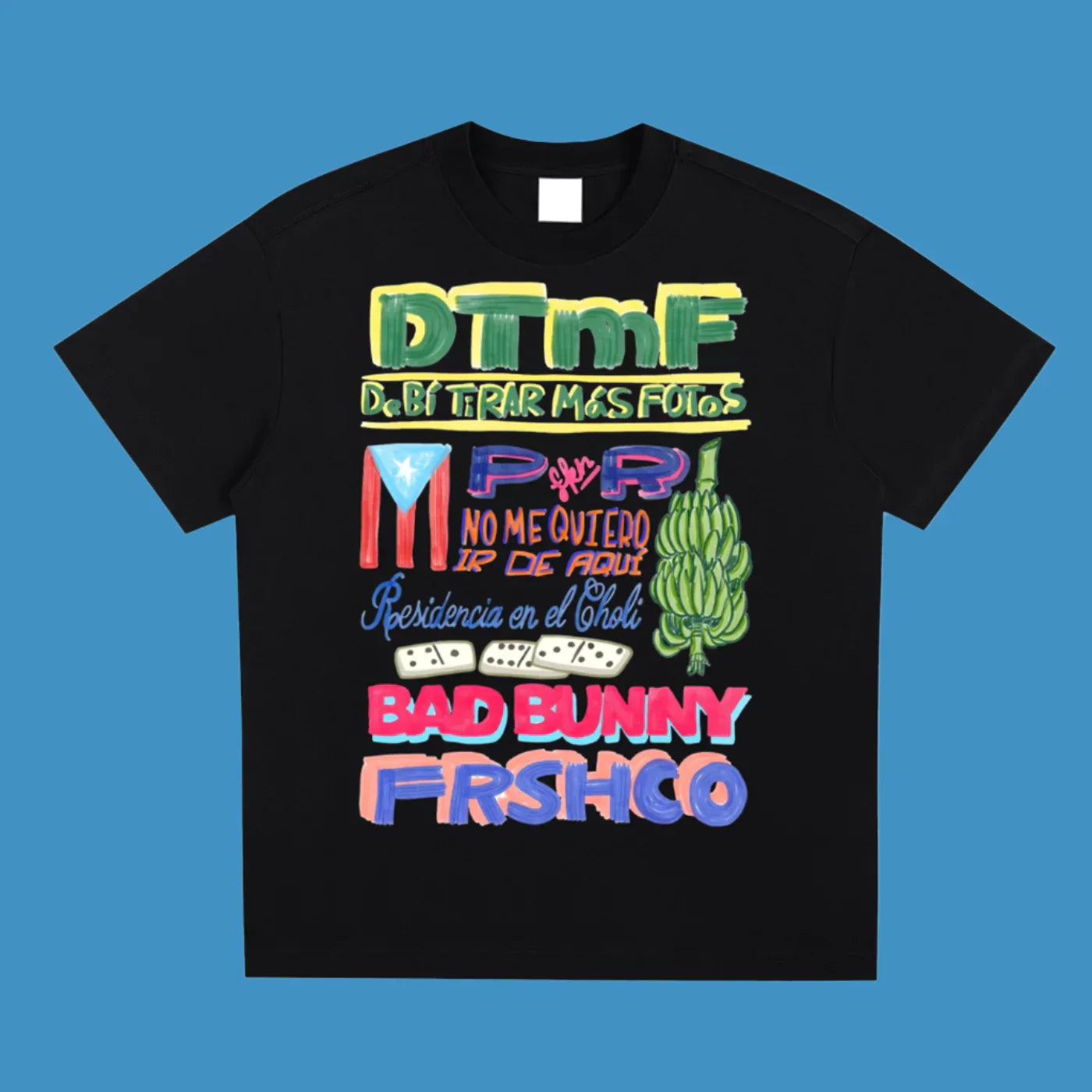 Black cotton short-sleeved t-shirt with singer print pattern featuring bad bunny text for casual loose oversized wear