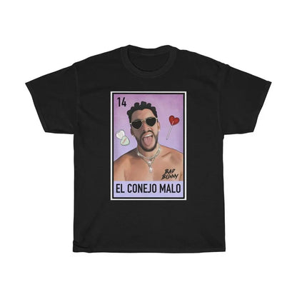 Black short-sleeved cotton t-shirt with vibrant bad bunny singer print pattern featuring heart lollipop high street casual loose oversized design