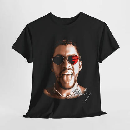 Black short-sleeved cotton t-shirt with singer print pattern featuring a man in heart-shaped sunglasses for high street casual wear