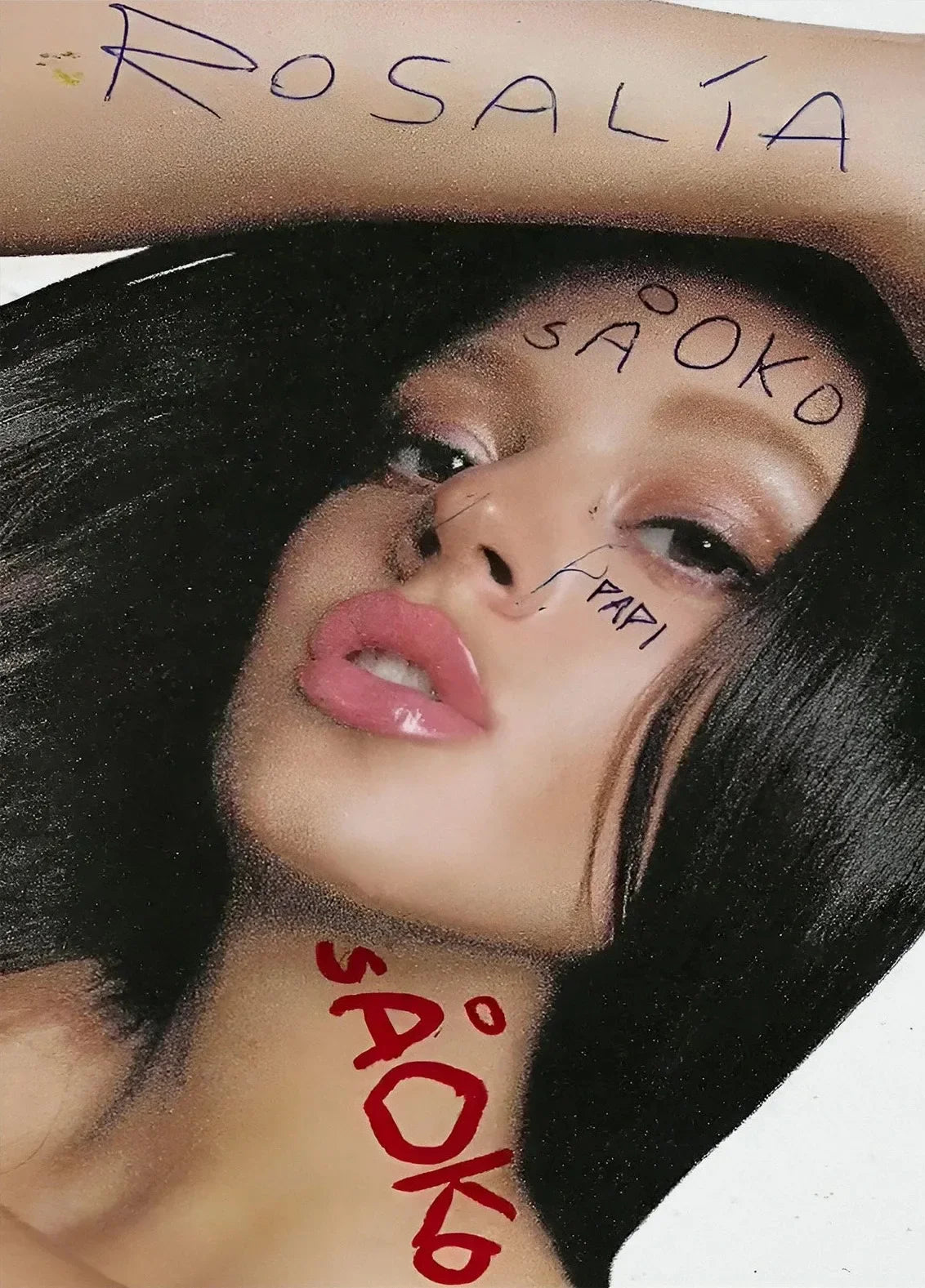 A canvas painting wall art of hop singer rosalia with dark hair and handwritten text from motomami music album