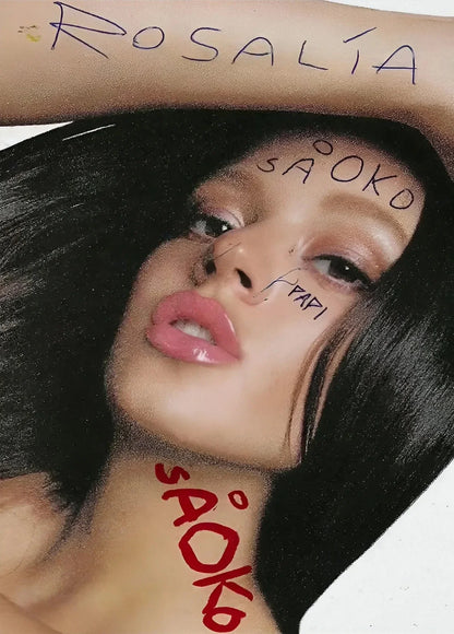 A canvas painting wall art of hop singer rosalia with dark hair and handwritten text from motomami music album