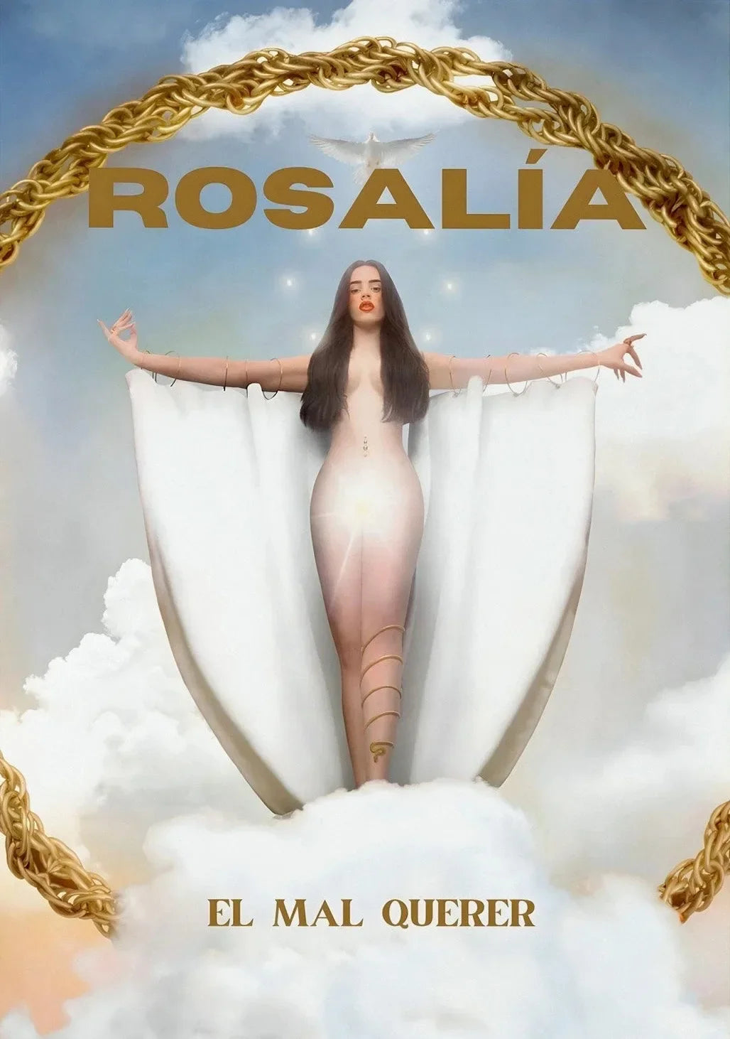 A canvas painting wall art of hop singer Rosalia in a gradient pink and white gown under a golden arch