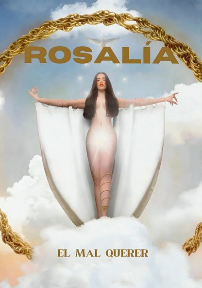 A canvas painting wall art of hop singer Rosalia in a gradient pink and white gown under a golden arch