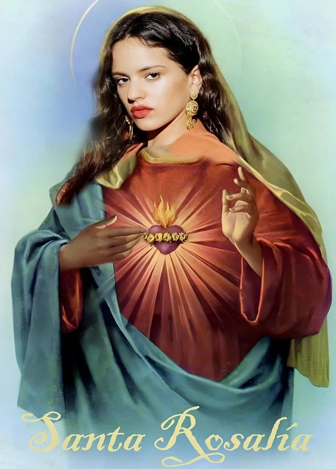 Woman depicted as santa rosalia in teal and gold robe holding golden heart on hop singer rosalia motomami music album canvas painting wall art