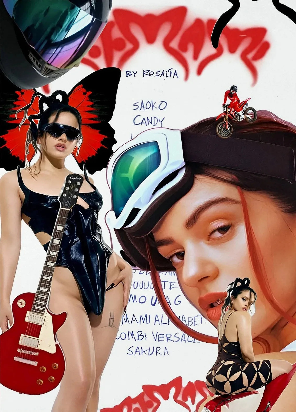 Red electric guitar with white pickguard and black glossy finish in hip hop singer rosalia motomami music album canvas painting wall art