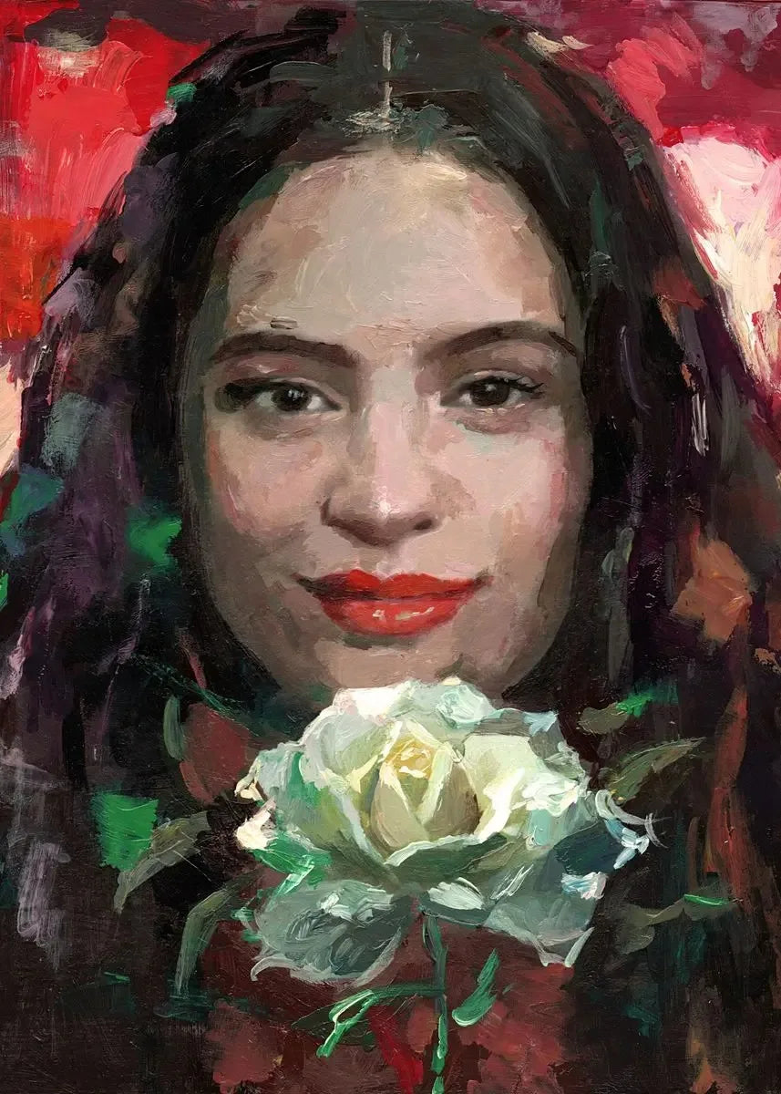 A canvas painting wall art of hop singer Rosalia from motomami music album holding a white rose on vibrant background