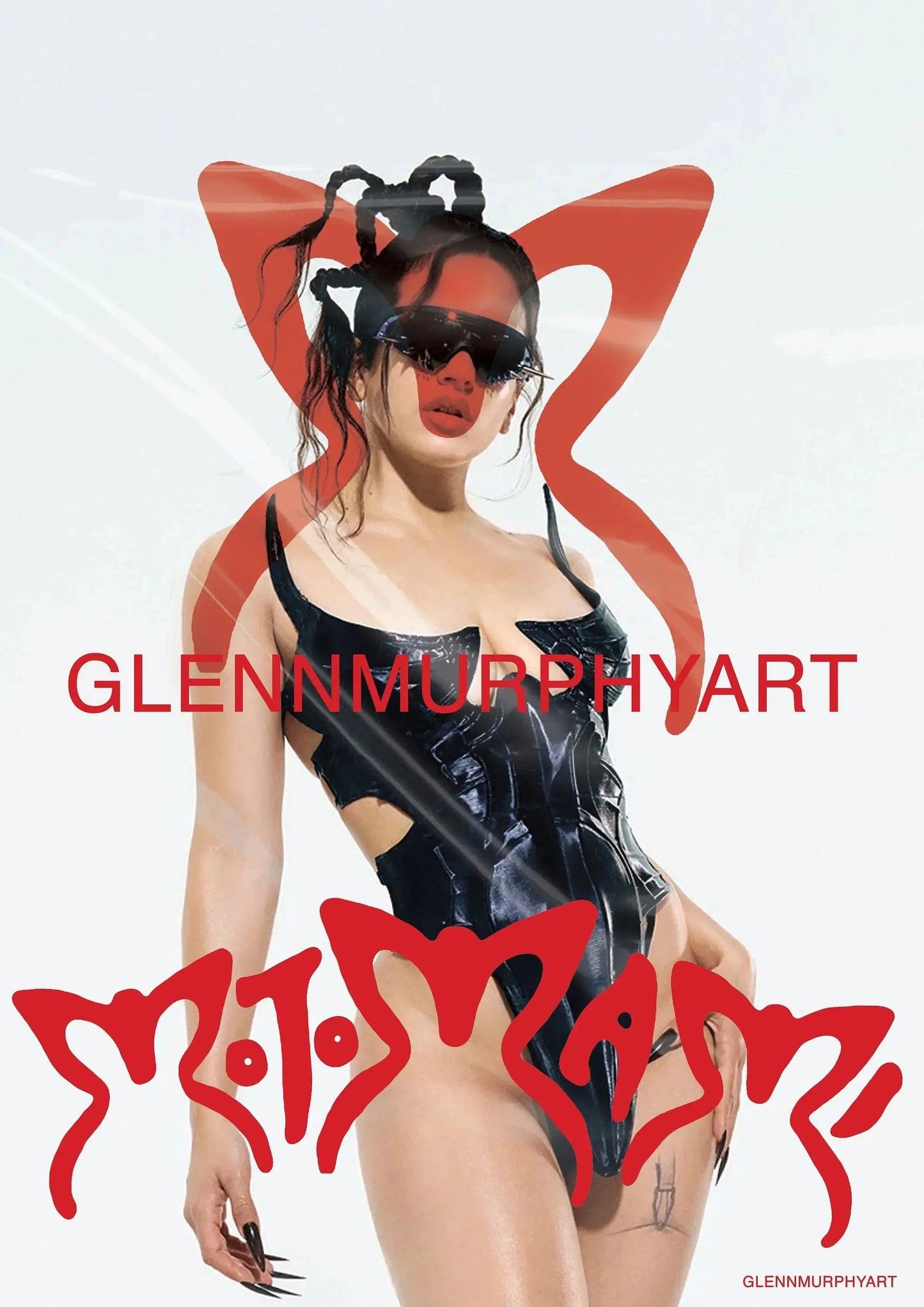 Glossy black latex bodysuit with cut-out details and plunging neckline in hop singer rosalia motomami music album canvas painting wall art