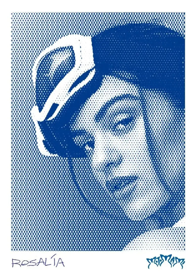 Blue and white halftone canvas painting wall art of hop singer rosalia wearing a beret from motomami music album