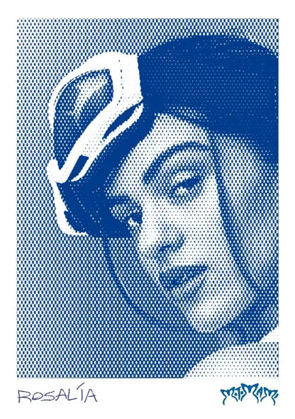 Blue and white halftone canvas painting wall art of hop singer rosalia wearing a beret from motomami music album