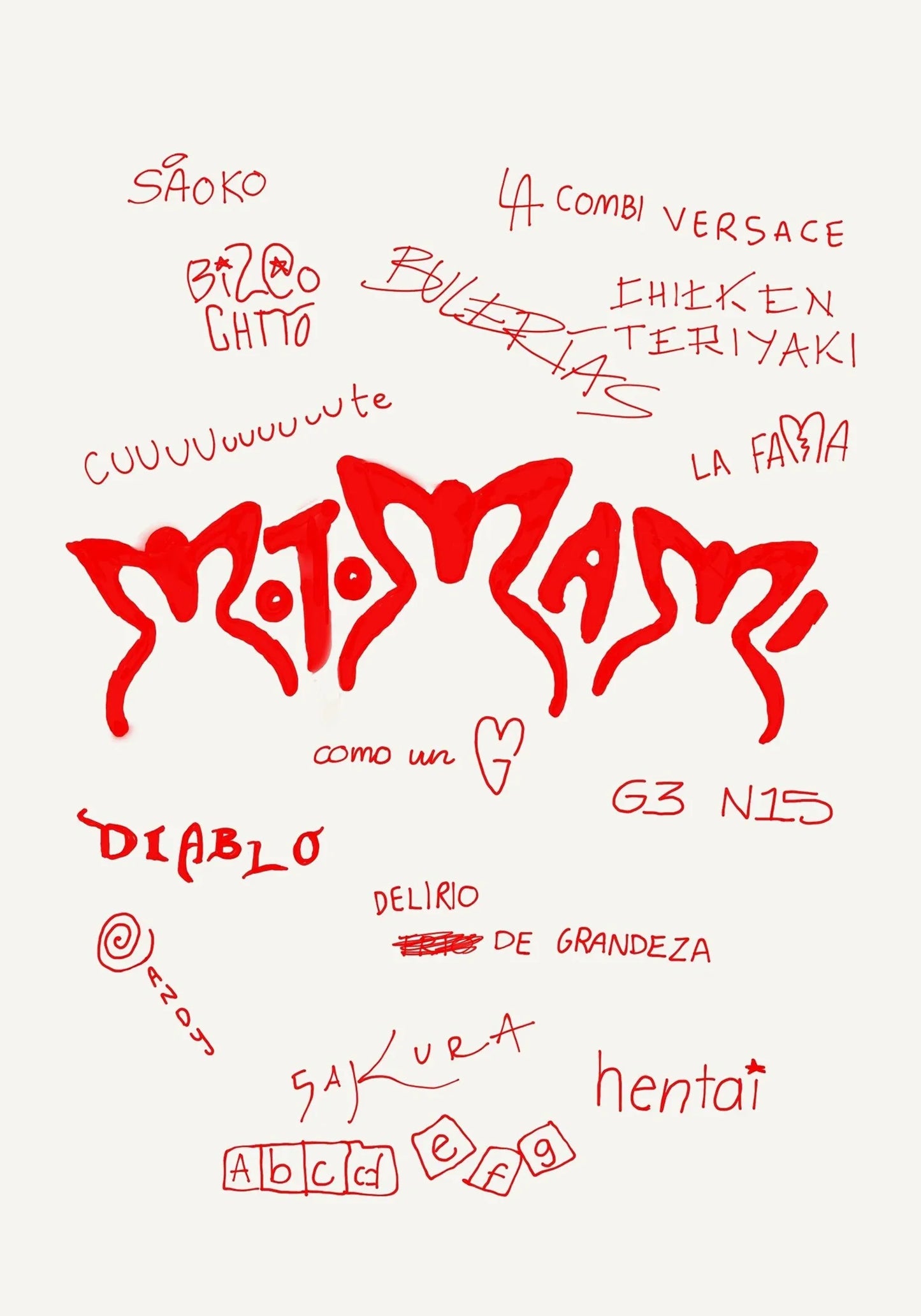 Red stylized motomami lettering canvas painting wall art featuring hop singer rosalia from motomami music album design