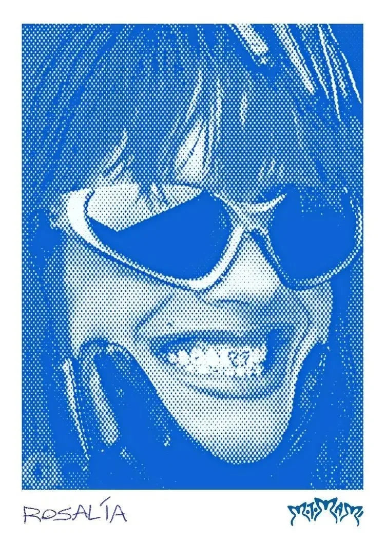 Blue halftone canvas painting wall art of hip hop singer rosalia wearing white-framed sunglasses from motomami album