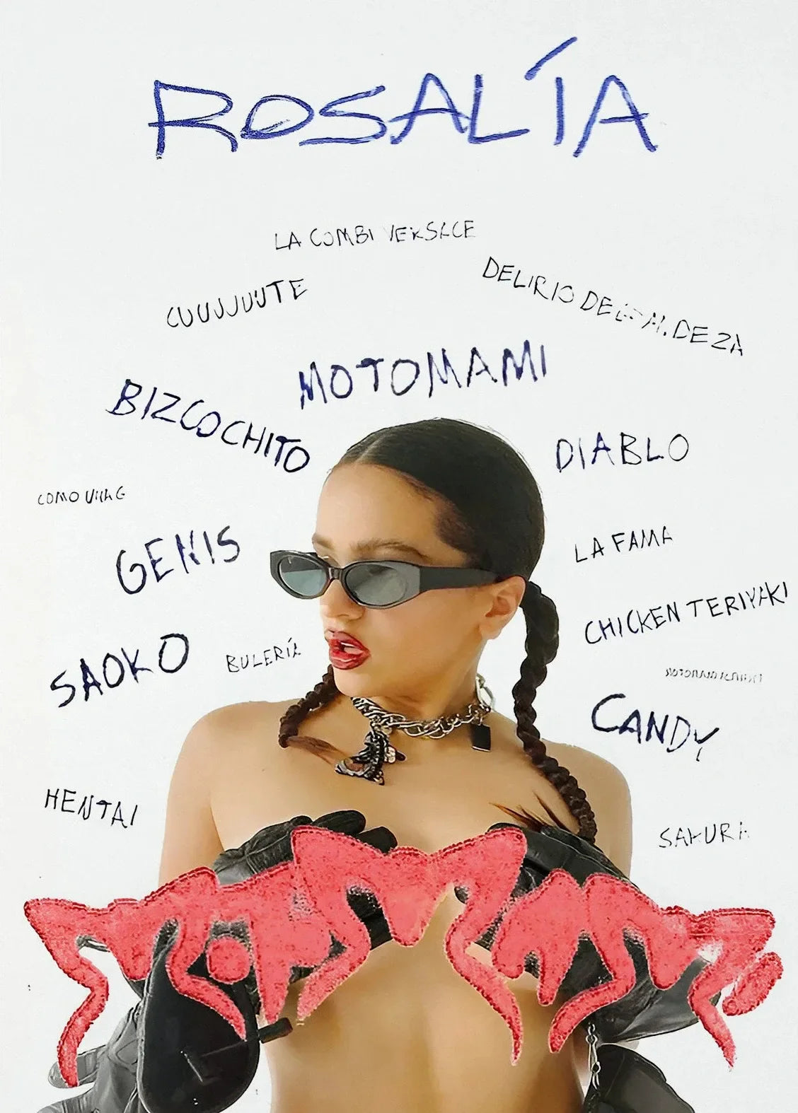 Hip hop singer Rosalia canvas painting wall art featuring black sunglasses and black leather top with red lettering