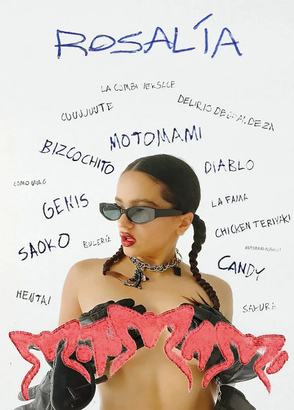 Hip hop singer Rosalia canvas painting wall art featuring black sunglasses and black leather top with red lettering