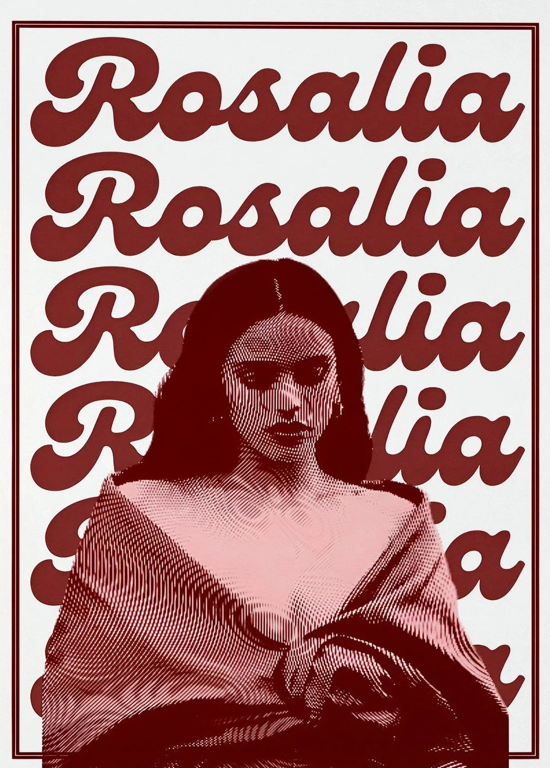 Stylized red and pink halftone canvas painting wall art of hop singer rosalia with bold text from motomami music album