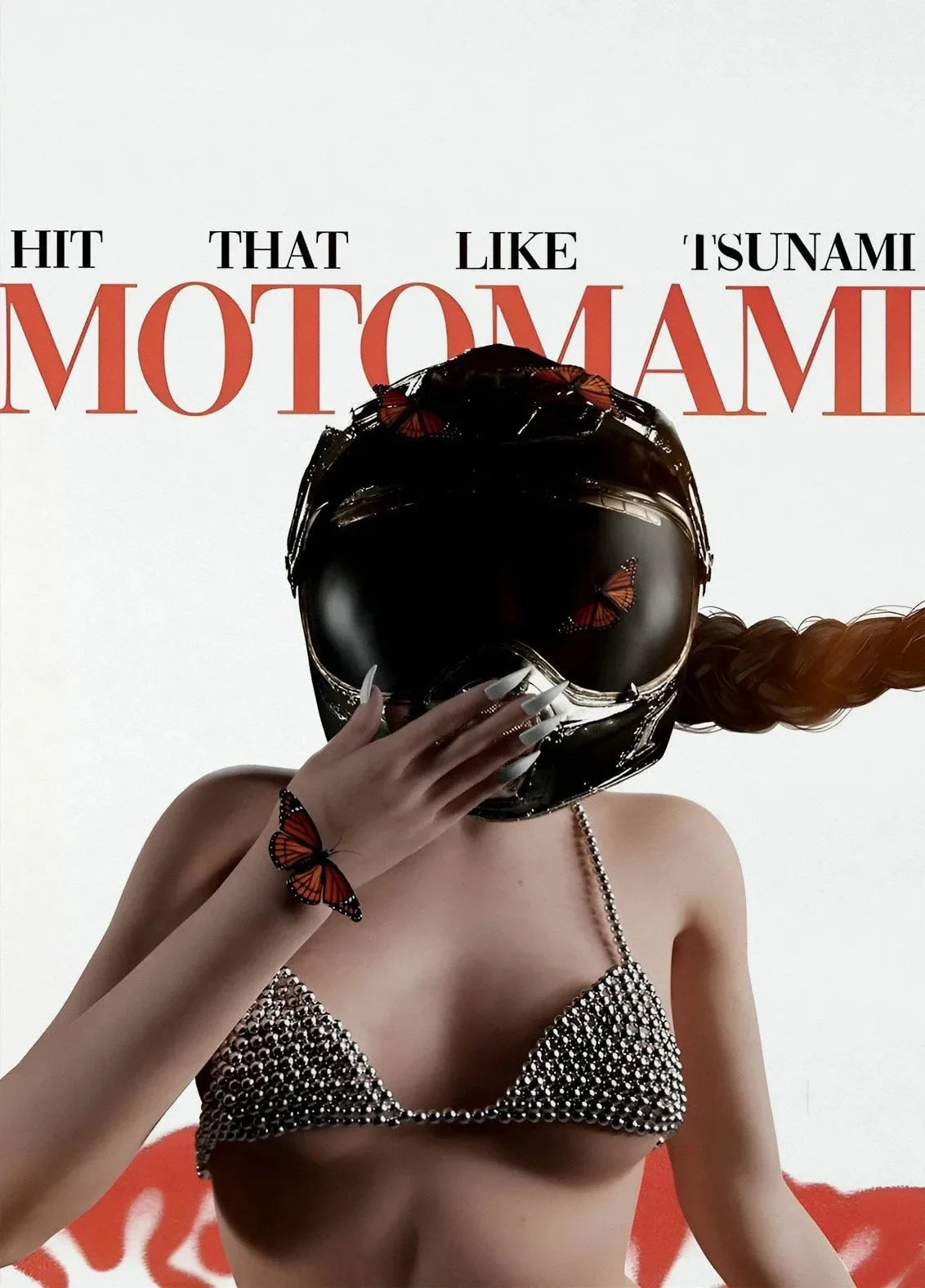 Black motorcycle helmet with orange and red butterfly embellishments featured in hop singer rosalia motomami music album canvas painting wall art