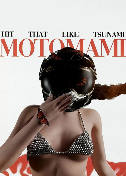 Black motorcycle helmet with orange and red butterfly embellishments featured in hop singer rosalia motomami music album canvas painting wall art