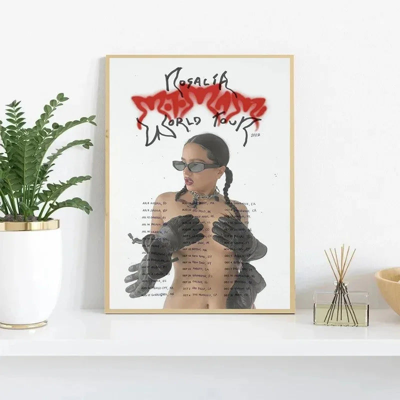 A framed canvas painting wall art of hop singer Rosalia in black gloves and sunglasses with red motomami music album text