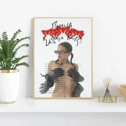 A framed canvas painting wall art of hop singer Rosalia in black gloves and sunglasses with red motomami music album text