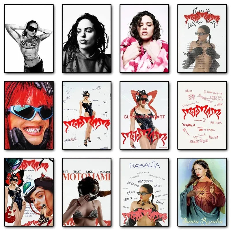 Set of nine framed canvas painting wall posters featuring hop singer rosalia in motomami music album style with red typography