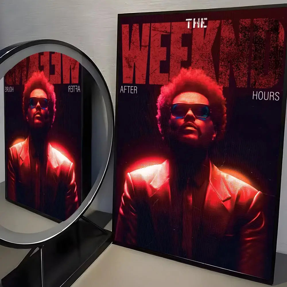 Red and black framed modern graphic poster of the weeknd after hours album with portrait in suit for wall decor