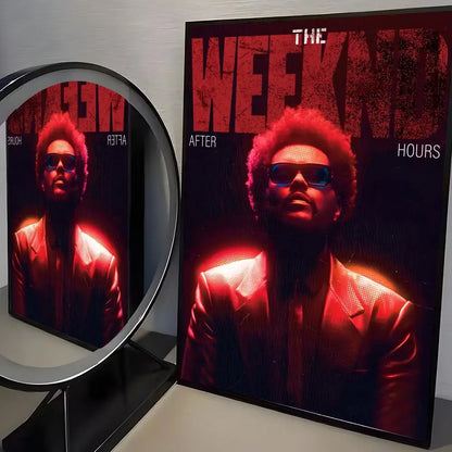 Red and black framed modern graphic poster of the weeknd after hours album with portrait in suit for wall decor