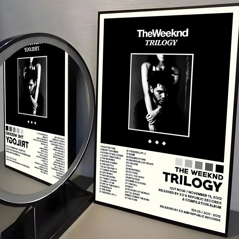 Black and white framed hip hop singer the weeknd album poster with modern graphic typography for room wall art decor