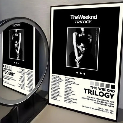 Black and white framed hip hop singer the weeknd album poster with modern graphic typography for room wall art decor