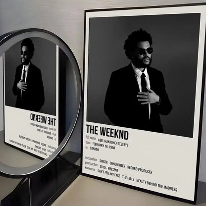 Black and white framed hip hop singer the weeknd album poster with modern graphic and white text biography for room decor
