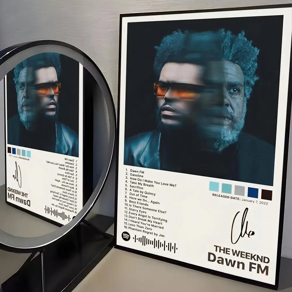 Black-framed hip hop singer the weeknd album poster with modern graphic dawn fm art and tracklist on white background