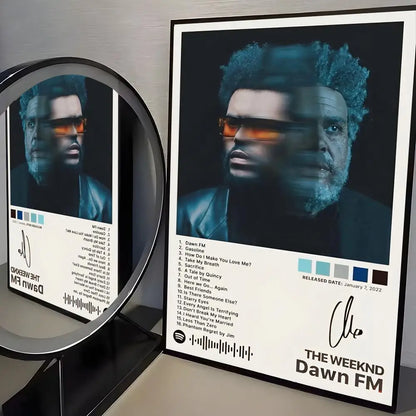 Black-framed hip hop singer the weeknd album poster with modern graphic dawn fm art and tracklist on white background