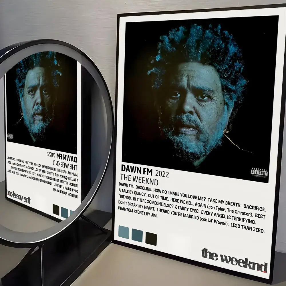Black-framed modern graphic poster of the weeknd dawn fm 2022 album with blue portrait for home bar bedroom decor