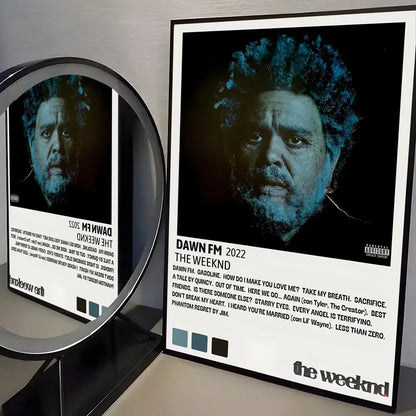 Black-framed modern graphic poster of the weeknd dawn fm 2022 album with blue portrait for home bar bedroom decor
