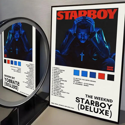 Black and red framed modern graphic hip hop singer the weeknd starboy deluxe album poster for room wall decor