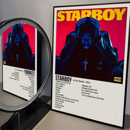 Black-framed hip hop singer the weeknd starboy album poster with bold yellow text on red modern graphic wall decor