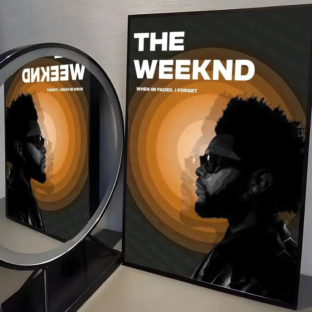 Black-framed hip hop singer the weeknd album poster with silhouette and orange circles modern graphic wall decor