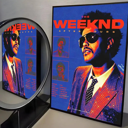 Vibrant blue and orange modern graphic poster of the weeknd in a glittering suit for home bar and bedroom decor