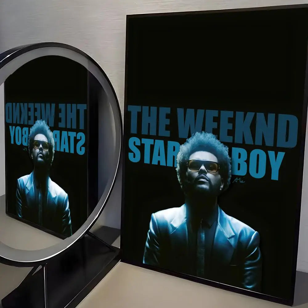 Black-framed waterproof hip hop singer the weeknd album poster with modern graphic teal-blue suit and bold blue text decor