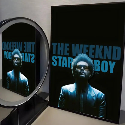Black-framed waterproof hip hop singer the weeknd album poster with modern graphic teal-blue suit and bold blue text decor