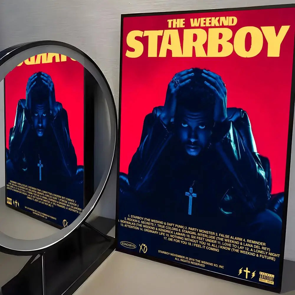 Modern graphic hip hop singer the weeknd starboy album poster with red background and yellow lettering for wall decor