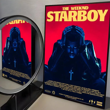 Modern graphic hip hop singer the weeknd starboy album poster with red background and yellow lettering for wall decor