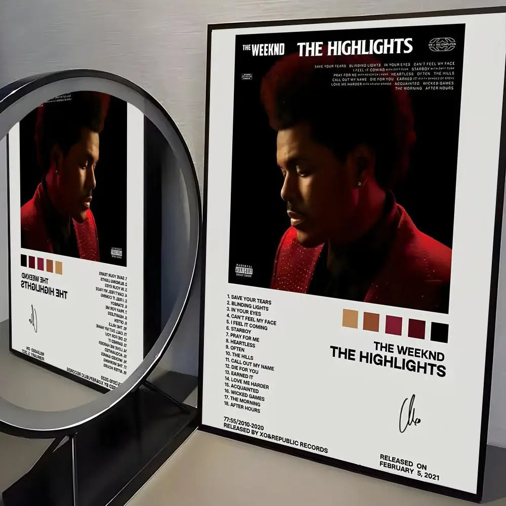Black-framed modern graphic poster of the weeknd the highlights album with red portrait and tracklist for wall decor