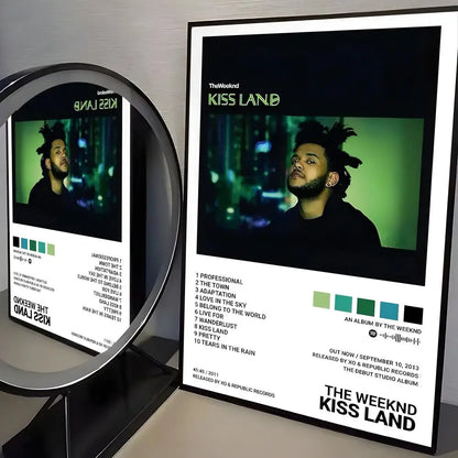 Black-framed hip hop singer the weeknd album poster with green-tinted modern graphic art and white tracklist text for wall decor