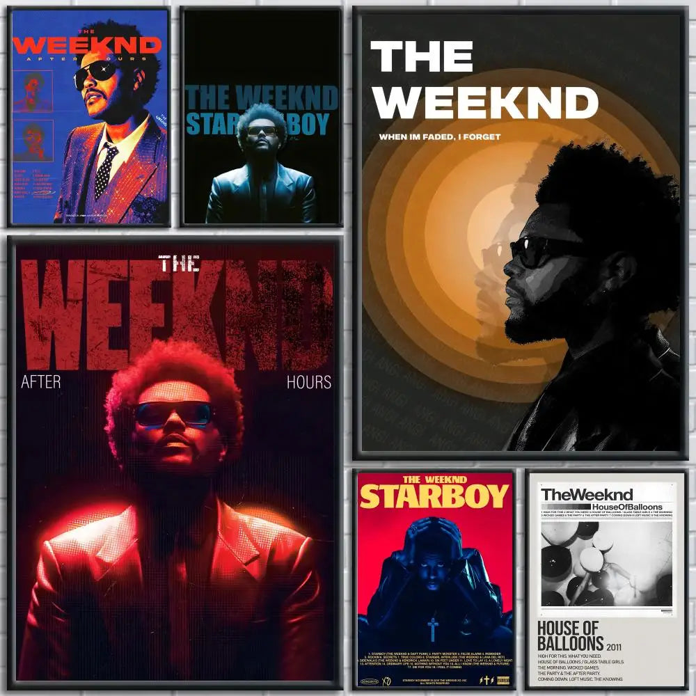 Collection of six framed the weeknd album poster waterproof stickers featuring modern graphic vibrant portraits for home decor