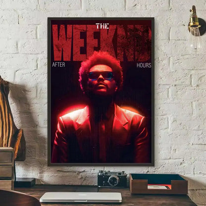 A framed modern graphic poster of the weeknd after hours in red lighting for room wall art and bedroom decor