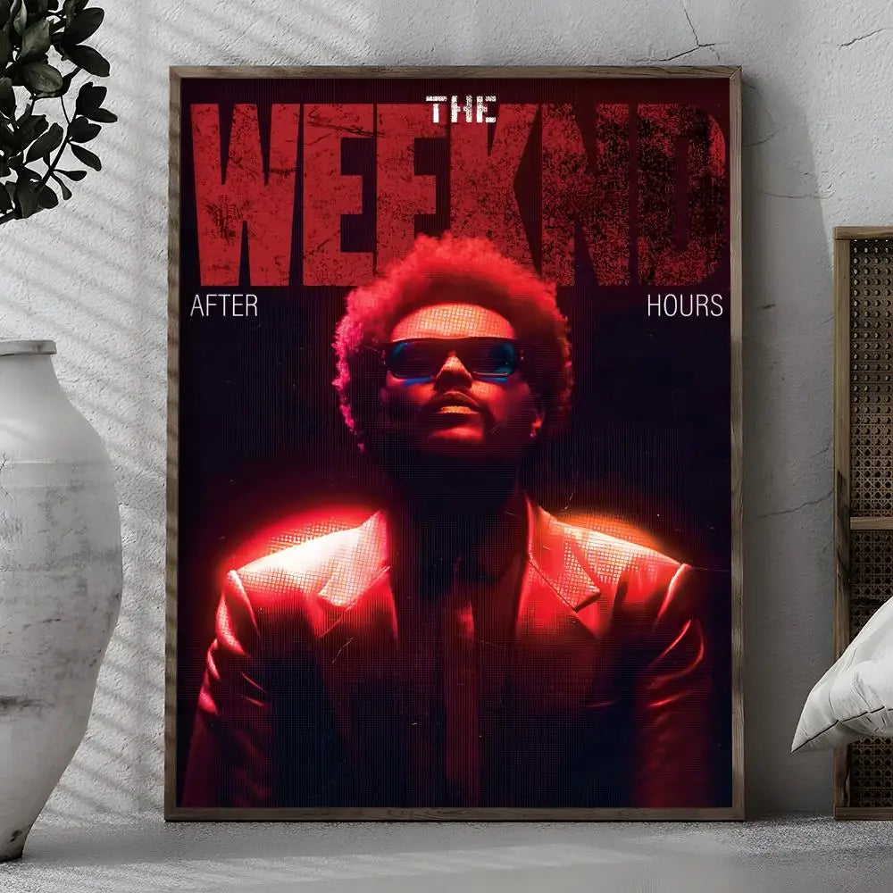 A modern graphic framed poster of the weeknd in red lighting with bold text for home bar bedroom decor