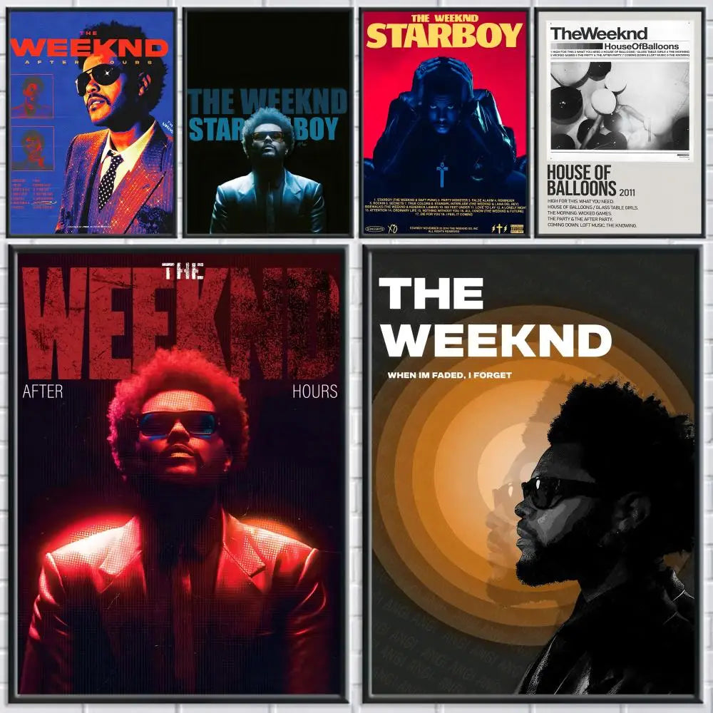 Six framed modern graphic posters of the weeknd album art with bold typography and dramatic lighting for home decor