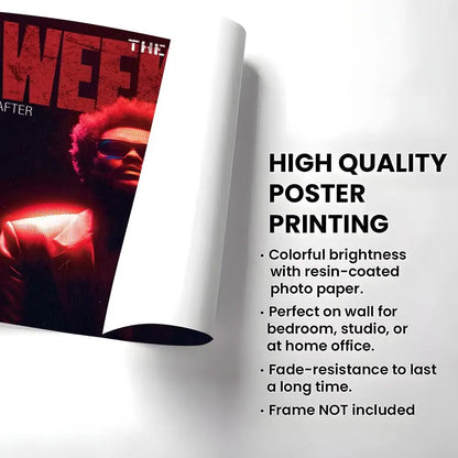 A vibrant red and black modern graphic hip hop singer the weeknd album poster on resin-coated photo paper for wall decor